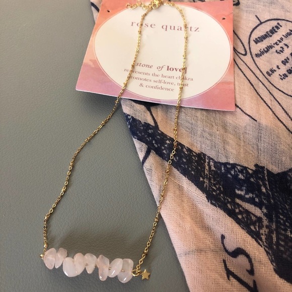 RAW Rose Quartz bar on gold chain necklace - Picture 2 of 4